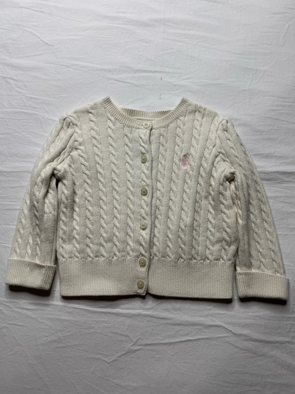 Ralph Lauren - Cream Cable Knit Button-Up Cardigan with Subtle Embroidery